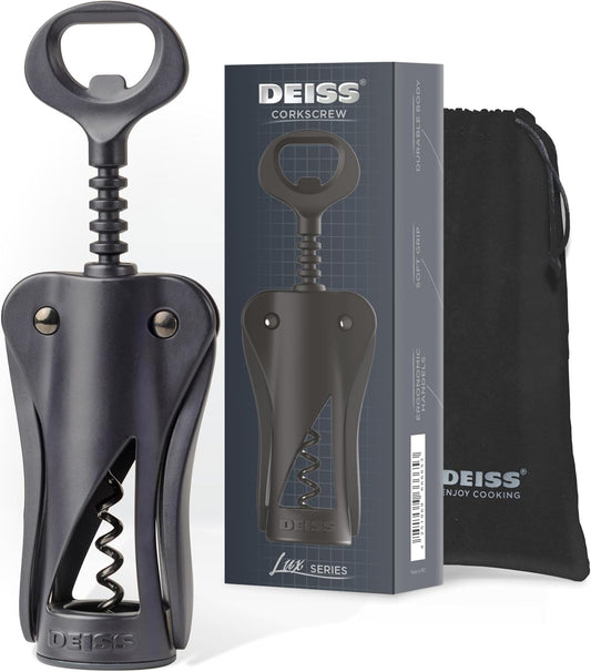 Deiss LUX Wine Opener, All-Metal Wing Corkscrew Wine Bottle Opener with Built-in Beer Bottle Opener - Ergonomic Cork Screw Wine Corker, Silver Matte Coating, Velvet Storage Pouch (BLACK)
