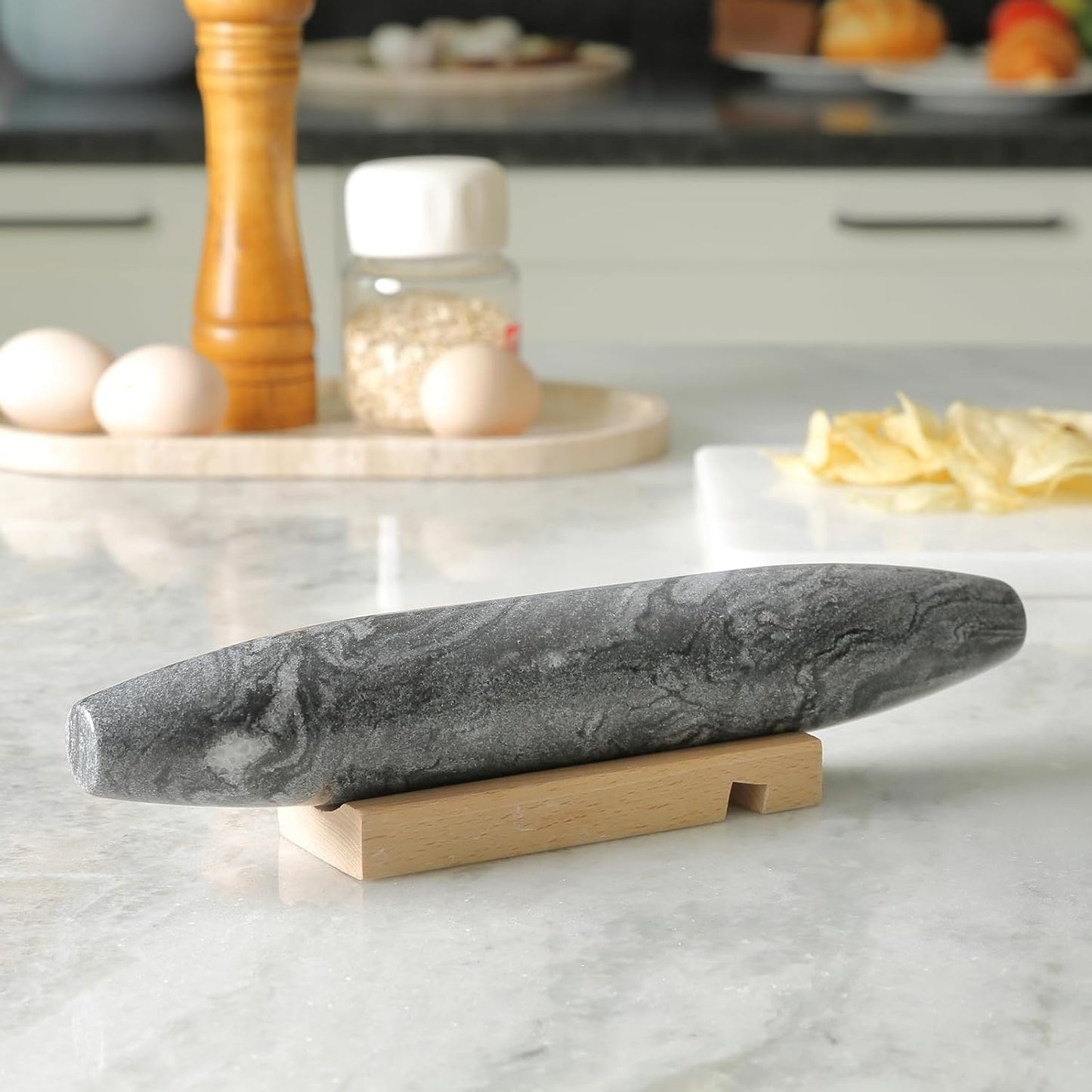 Koville African Natural Grey Marble French Rolling Pin, 12inch Non-Stick Rolling Pin for Baking, Dough Roller for Pasta, Dumpling, Fondant, Pie, Bread, Pizza, Kitchen Baking Tools