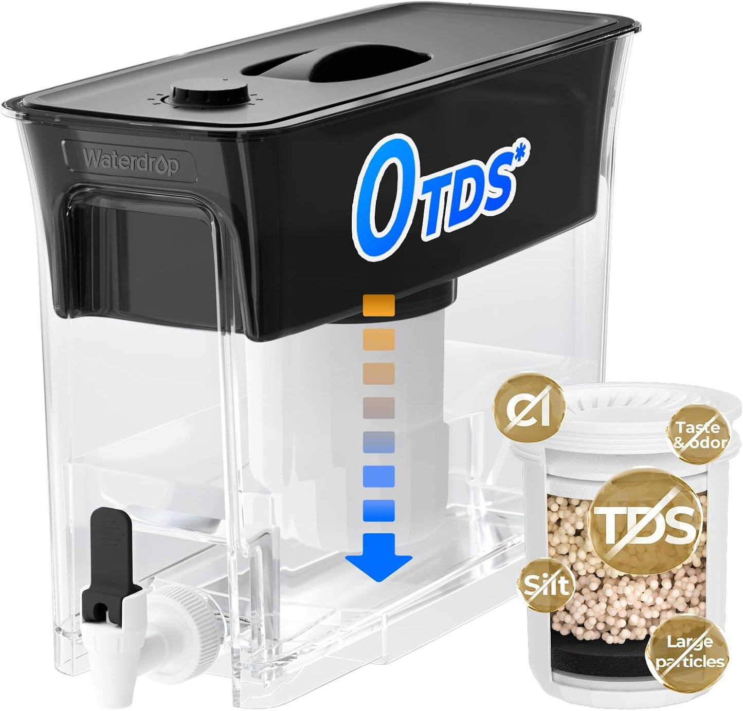 Waterdrop 35-Cup 0 TDS Slim Water Filter Dispenser, Large Capacity, Reduces TDS, Chlorine, PFOA/PFOS and More, BPA Free, Black (with 1 Filter)