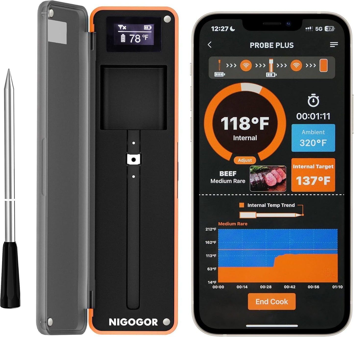 Smart Wireless Meat Thermometer with Thinnest Probe, Bluetooth Food Thermometer, Remote Tracking and Real-Time Readings from Apps, for iOS and Android, for BBQ, Grill, Smoker