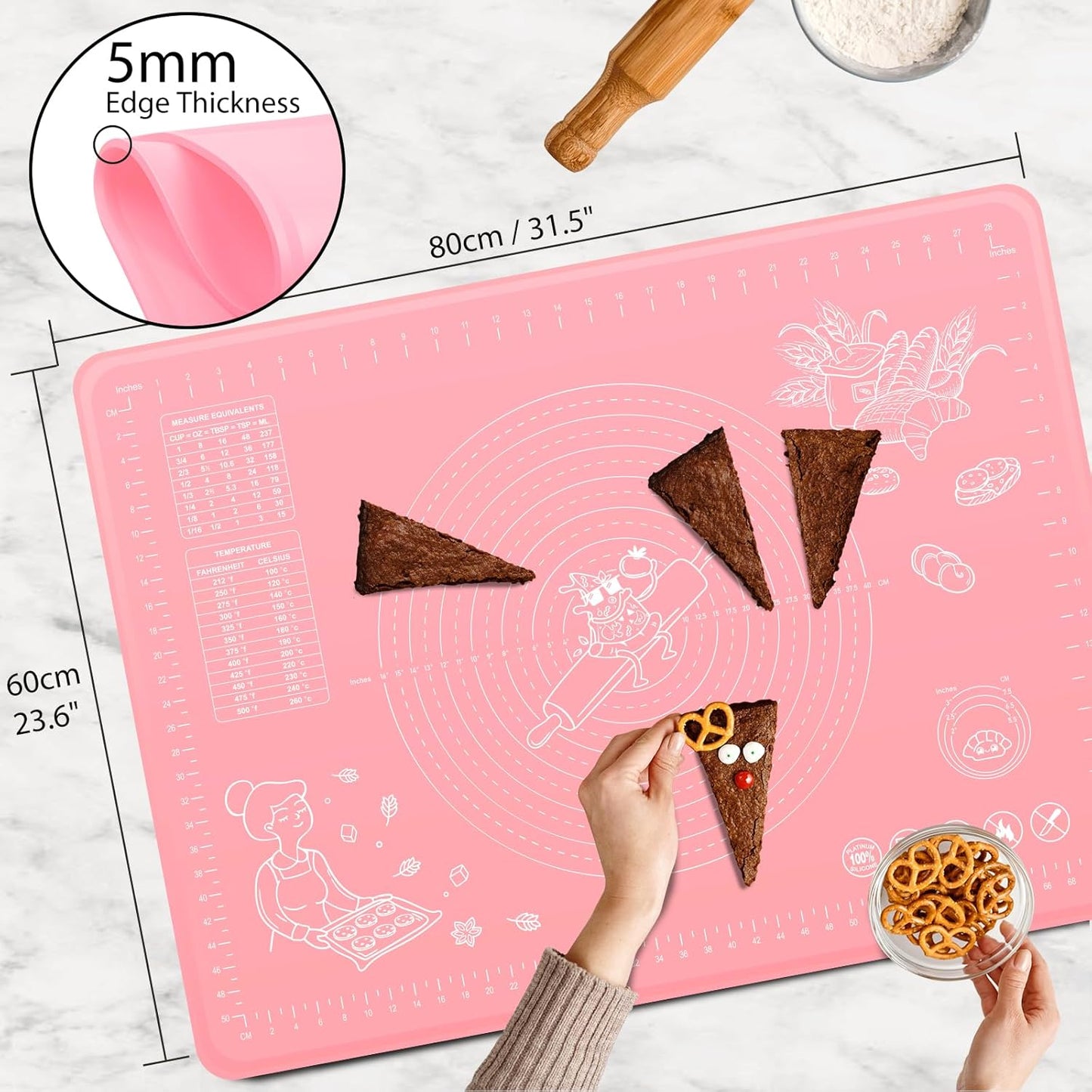 Silicone Pastry Mat 32" x 24" Extra Thick Non Stick Baking Mat with Measurements and Edge Heightening, Food Grade Silicone Rolling Mat for Pastry, Bread, Cookies, Pizza, Fondant, Pasta - Pink