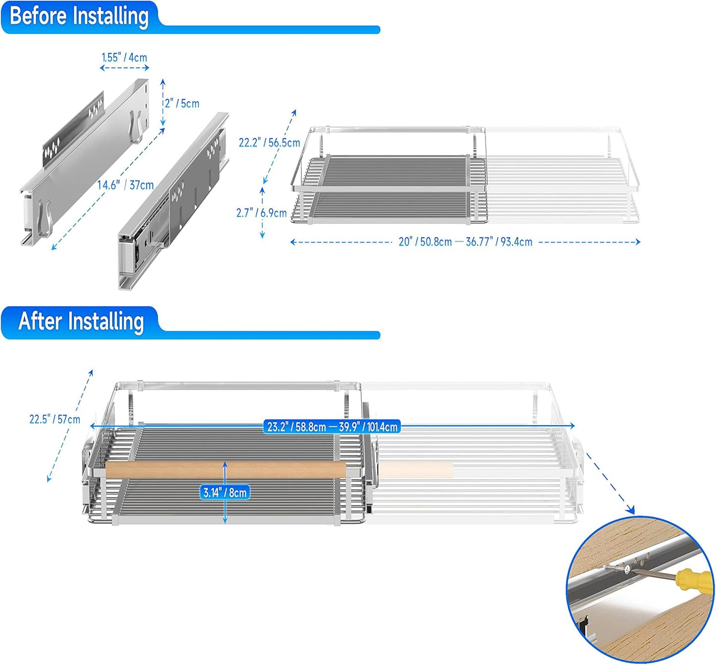 Expandable Pull Out Cabinet Organizer,23~39.8"W x 22.5"D Heavy Duty Slide Out Shelves Adjustable Height Cabinet Pull Out Shelves,Expandable Width Spice Rack Organizer for Kitchen Cabinet