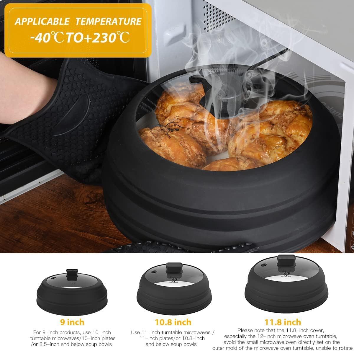 Microwave Splatter Cover Glass Splatter Guard Lid with Collapsible Silicone for Food Pot Plate Cover 11.8 inch Black