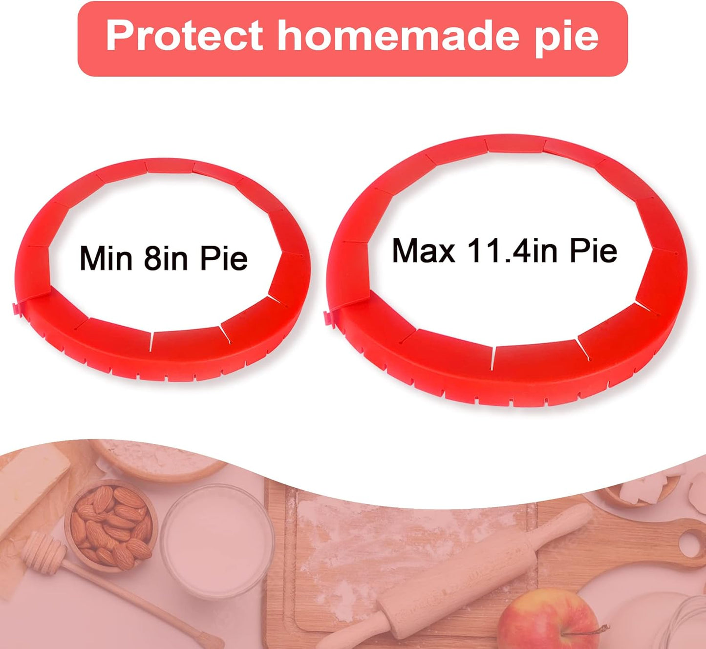 2 Pack Adjustable Silicone Crust Shield, BPA-free Pie Crust Protector Cover Kitchen Tool for Baking Pizza, Fit 8-10.7 Inch Pies - Dishwasher Safe (Red)