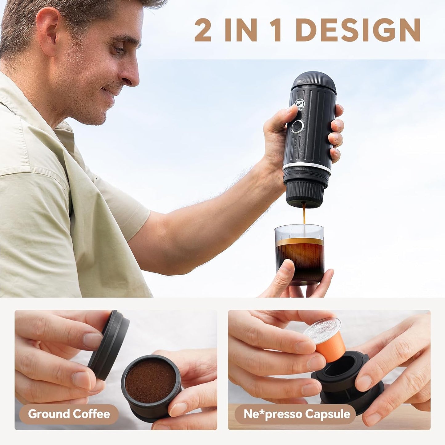 Rich Crema Portable Electric Espresso Coffee Maker, Fast self-heating 2 IN 1 Extraction System Espresso Machine, Support Ground Coffee and NS capsule, for Travel、Car、Hiking、Climbing（Black）
