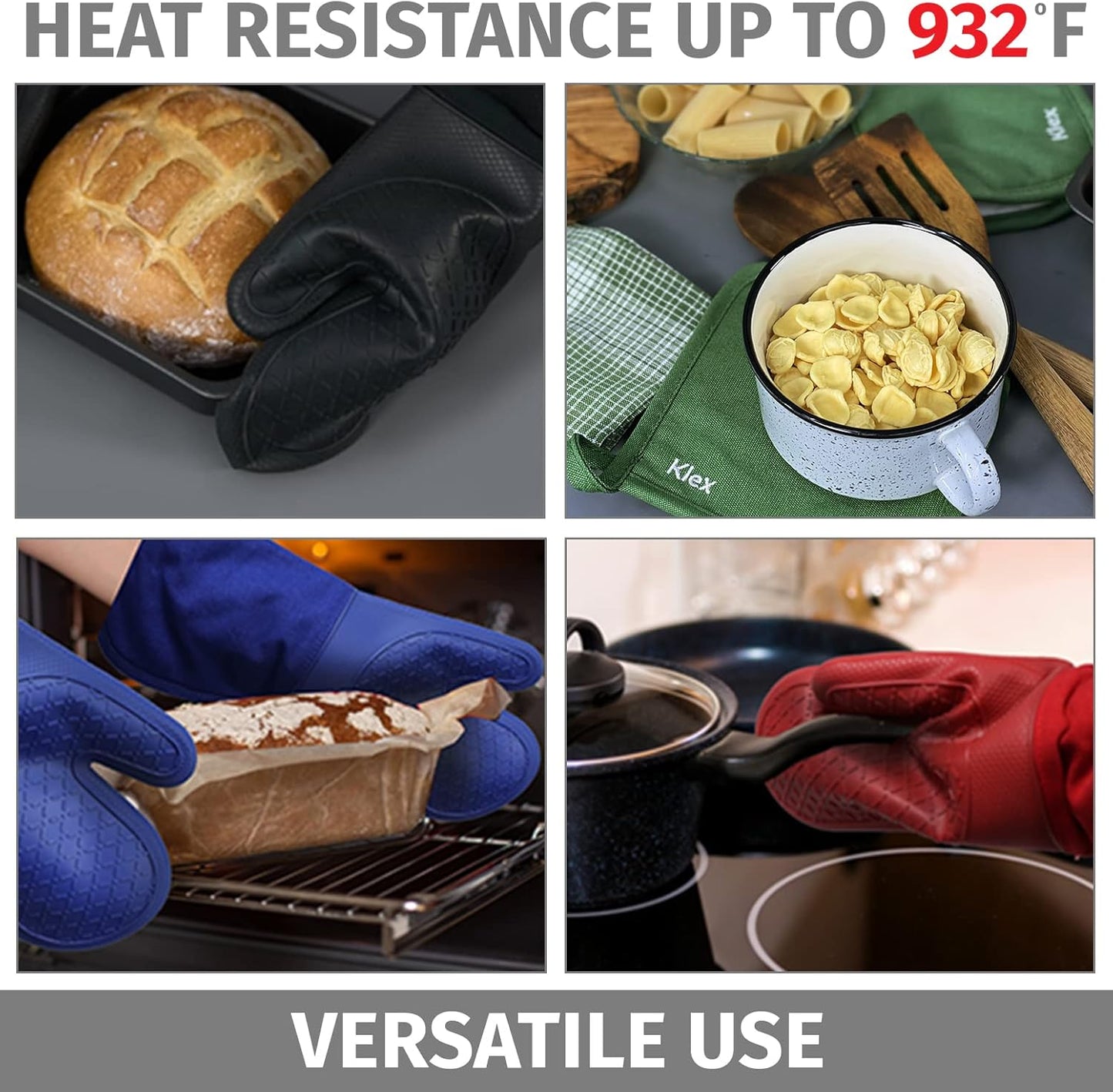 Klex Extra Long Silicone Oven Mitts and Pot Holders, 932°F Degrees Heat Resistance with Quilted Liner Oven Gloves and Hot Pads, 4 Piece Set, 15 inch, Blue