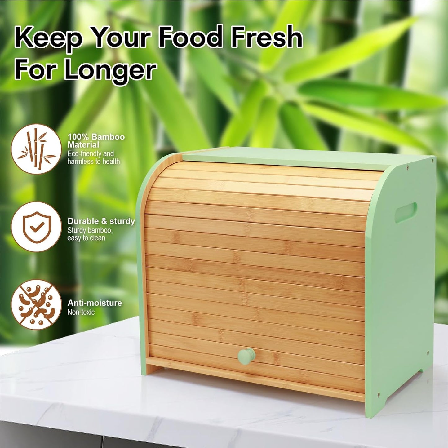 Bread Box for Kitchen Countertop, Double Layer Bamboo Bread Storage Container for Homemade Bread, Roll Top Bread Box with 3 Adjustable Height for Kitchen Counter, Cyan Breadbox Organizer