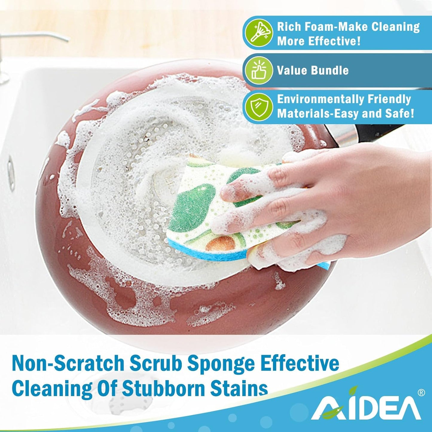 AIDEA Sponges Kitchen, Non-Scratch Scrub Sponge-24Count, Sponges for Non-Stick Cookware, Cellulose Sponge for Dishes, Cleans Fast Without Scratching, Cleaning Power for Kitchen, Bathroom, Household
