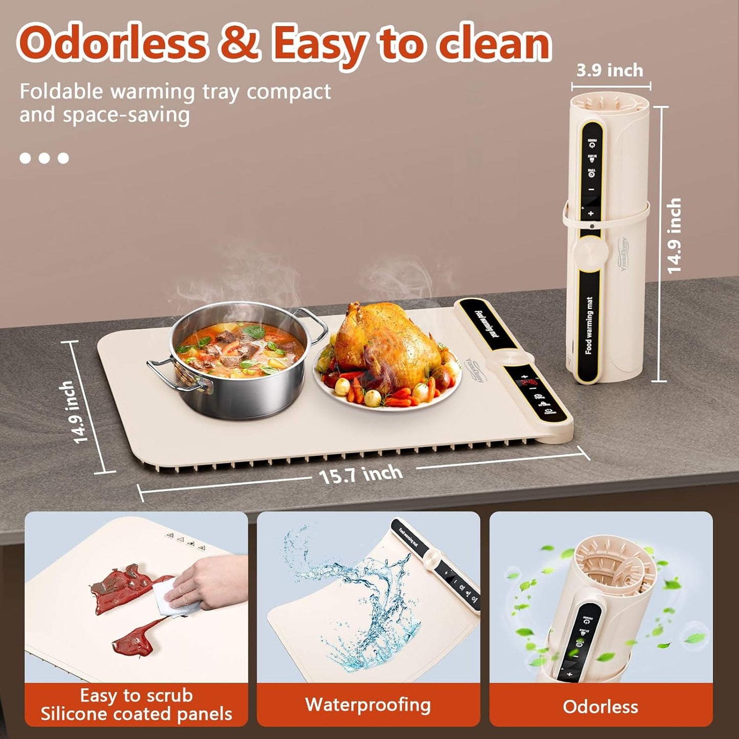 Silicone Warming Mat for Food - Electric Warming Trays for Food with 9 Temperature Settings and 6 Hours Timer, Heating Pad for Food Warming with Full Surface Heating for Buffet Parties(Beige)