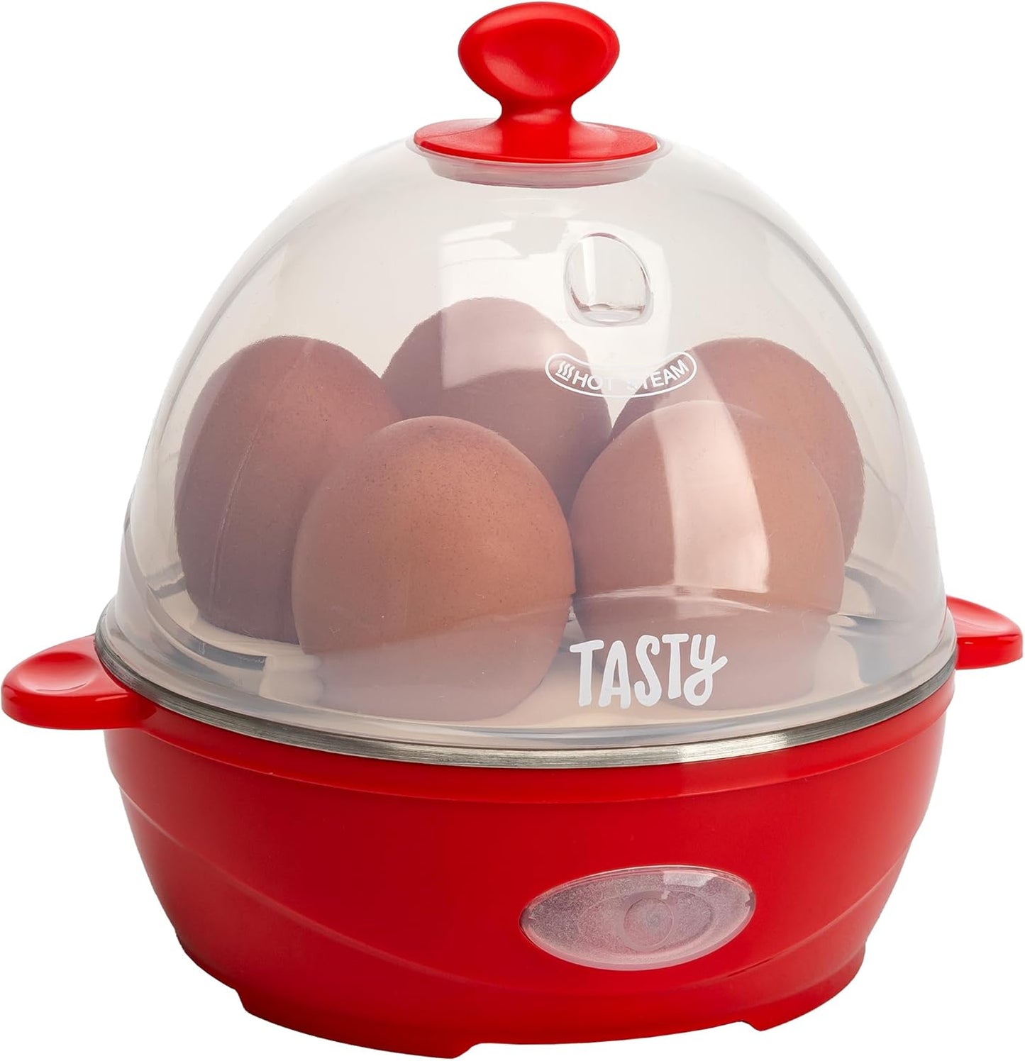 Tasty Mini Rapid Egg Cooker, 5-Egg Capacity for Perfect Hard Boiled Eggs or Omelets, Auto Shut Off, Red
