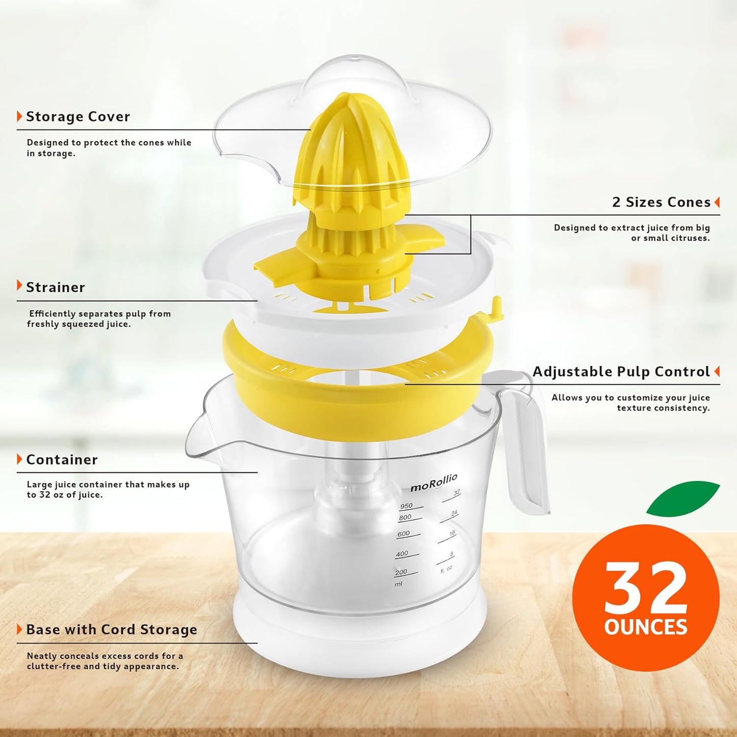 Citrus Juicer, Orange Juicer | Electric Citrus Juice Squeezer with Adjustable Pulp Control, 32oz | for Oranges, Grapefruits, Lemons and Limes