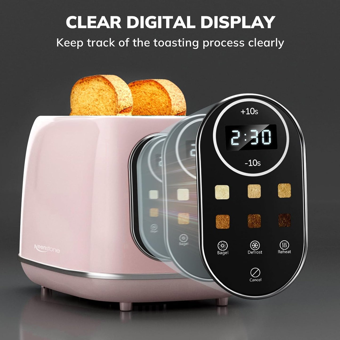 Keenstone Smart Touch Screen Toaster 2 Slice, Retro Wide Slot Stainless Steel Toaster with 6 Browning Levels, Reheat & Defrost, for Bagel, Toast, Bread, Removable Crumb Tray, Pink