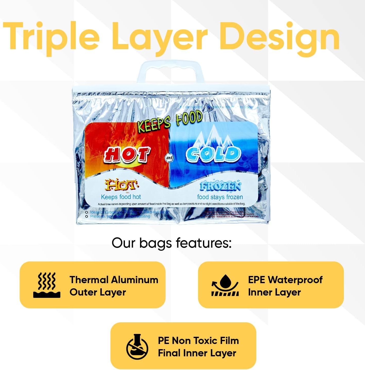 Superio Hot and Cold Insulated Bags for Food Delivery, Grocery Shopping Bags, Food Storage for Hot and Frozen Food for Travel, Disposable Cooler Bag, Reinforced Thermal Lunch Bag (6, 13"x5.5"x8.5")