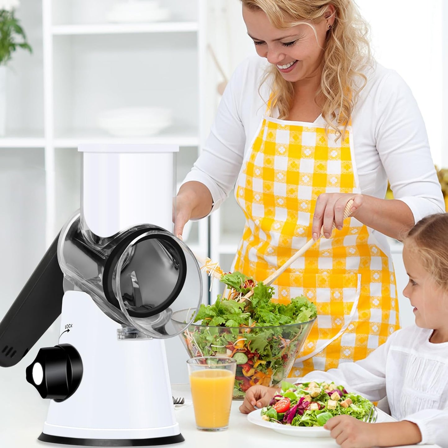 Ourokhome Rotary Cheese Grater Hand Crank, Kitchen Shredder Speed Mandolin Slicer Nuts Grinder with Handle and Drum Blades for Cheese, Vegetable, Walnuts, Chocolate, Potato, 3 Blades, White Black