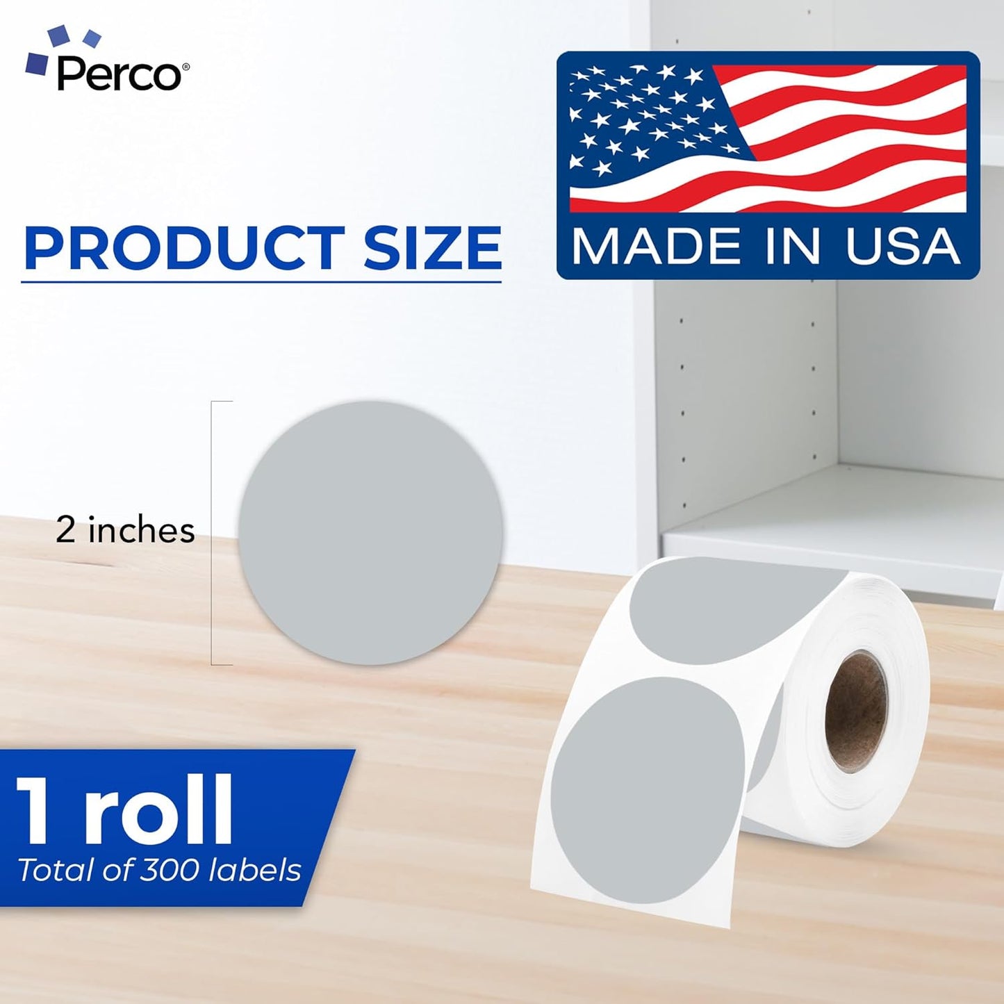 Perco Grey 2-Inch Perforated Circle Dot Thermal Sticker Labels — 300 Stickers/Roll, Direct Thermal Printer Compatible—with Permanent Adhesive for Organizing, Color Coding, Bin Labeling—Made in USA