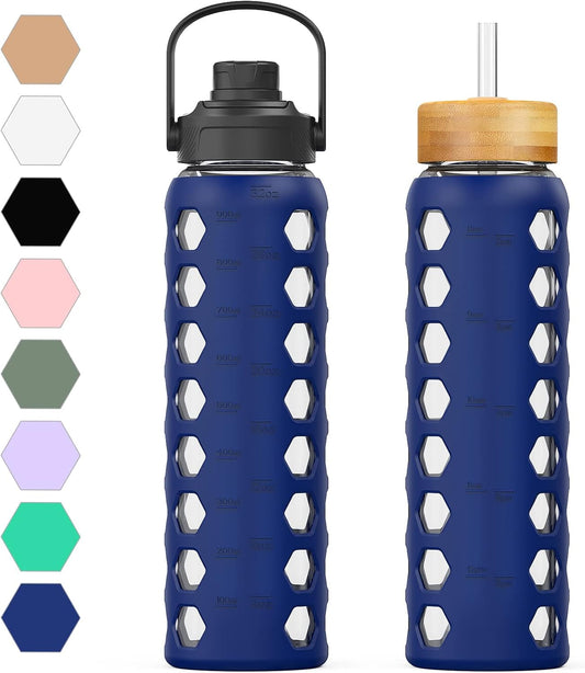 MUKOKO 32oz Glass Water Bottles with 2 Lids-Handle Spout Lid&Bamboo Straw Lid, Motivational Water Tumbler with Time Marker Reminder and Silicone Sleeve, Leakproof-Blue-1 Pack