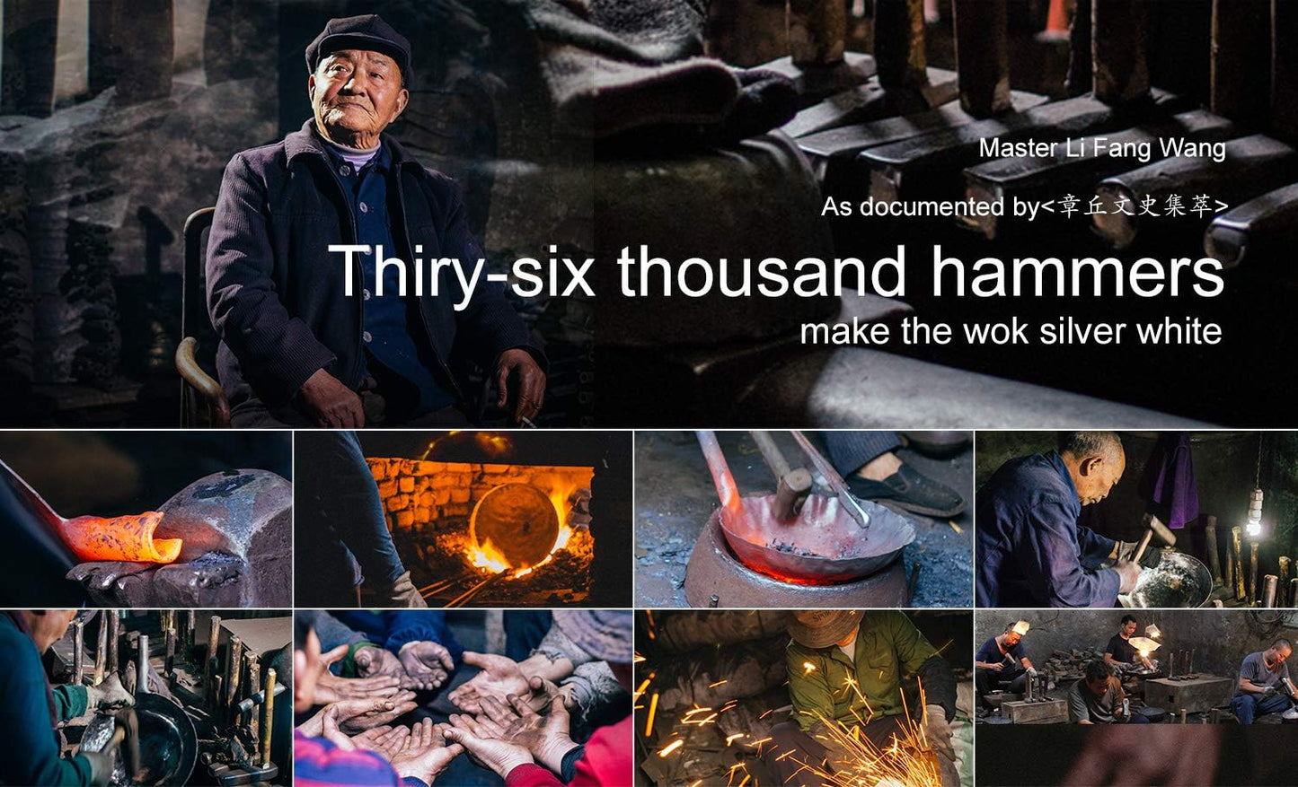 臻三环 ZhenSanHuan Chinese Hand Hammered Iron Woks and Stir Fry Pans, Non-stick, No Coating, Carbon Steel Pow (36CM, BlueBlack Seasoned with help handle)