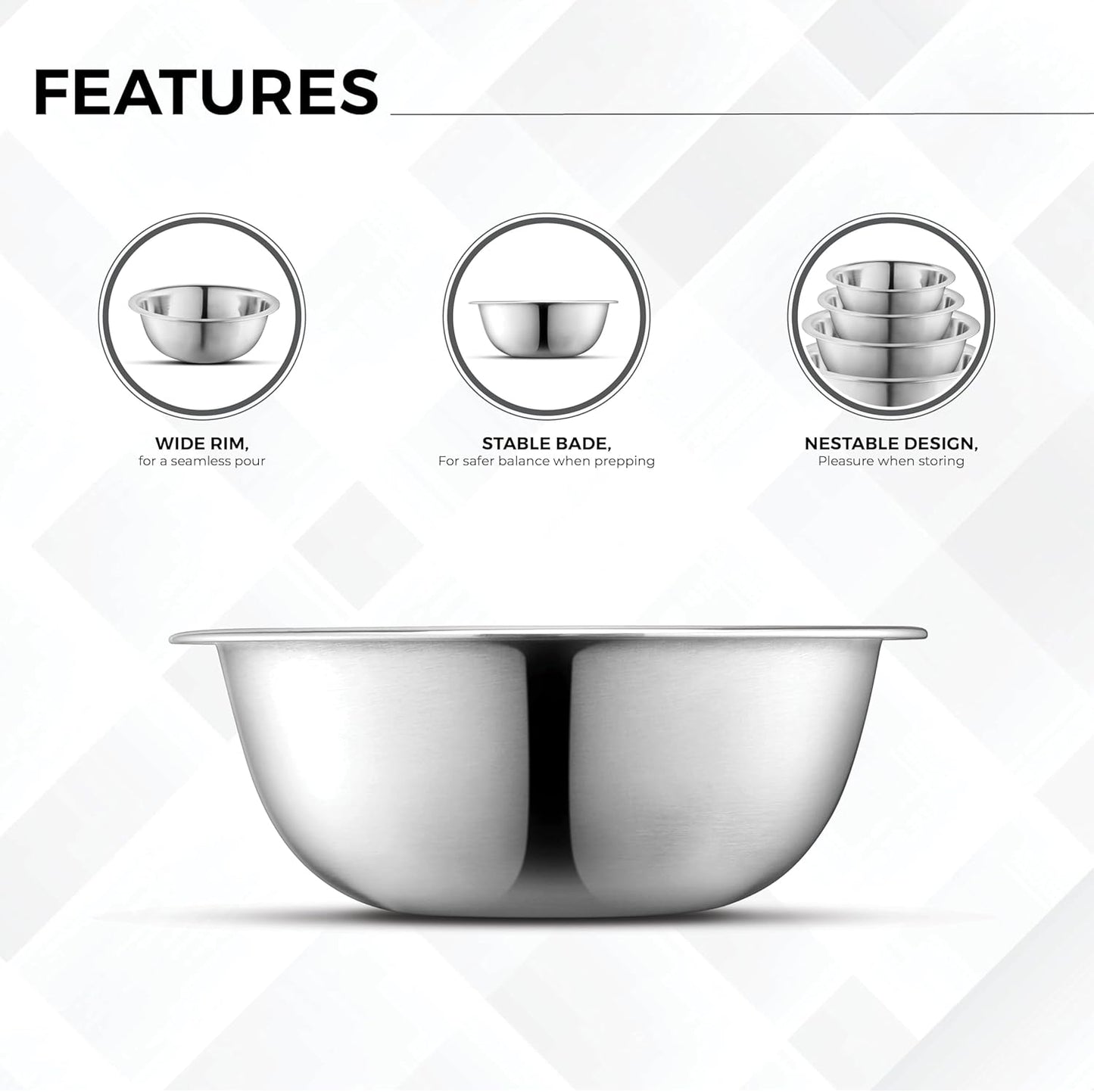 AVADOR Set of 6 Premium Stainless Steel Mixing Bowls Set, Easy To Clean, Space Saving Nestable Design, Great for Cooking, Baking, Prepping (0.75qt, 1.5qt, 3qt, 4qt, 5qt, 8qt)