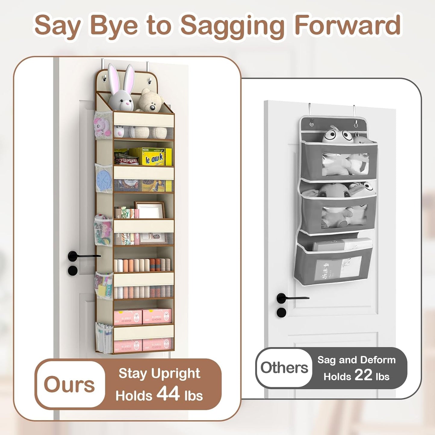 LAMU 1 Pack Over the Door Organizer Hanging with 5 Large Pockets and 10 Mesh Pockets, 44lb Over the Door Storage for Closet, Nursery and Bathroom, Behind the Door Storage with Clothes and Toys, Beige