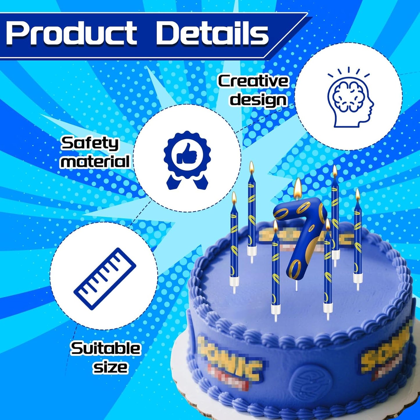13PCS Birthday Cake Candles Set - Blue and Golden Ring Number Candles with Vibrant Designs for Boys & Girls, Theme Birthday Party Decorations, Cake Toppers for Theme Parties(Number 7)