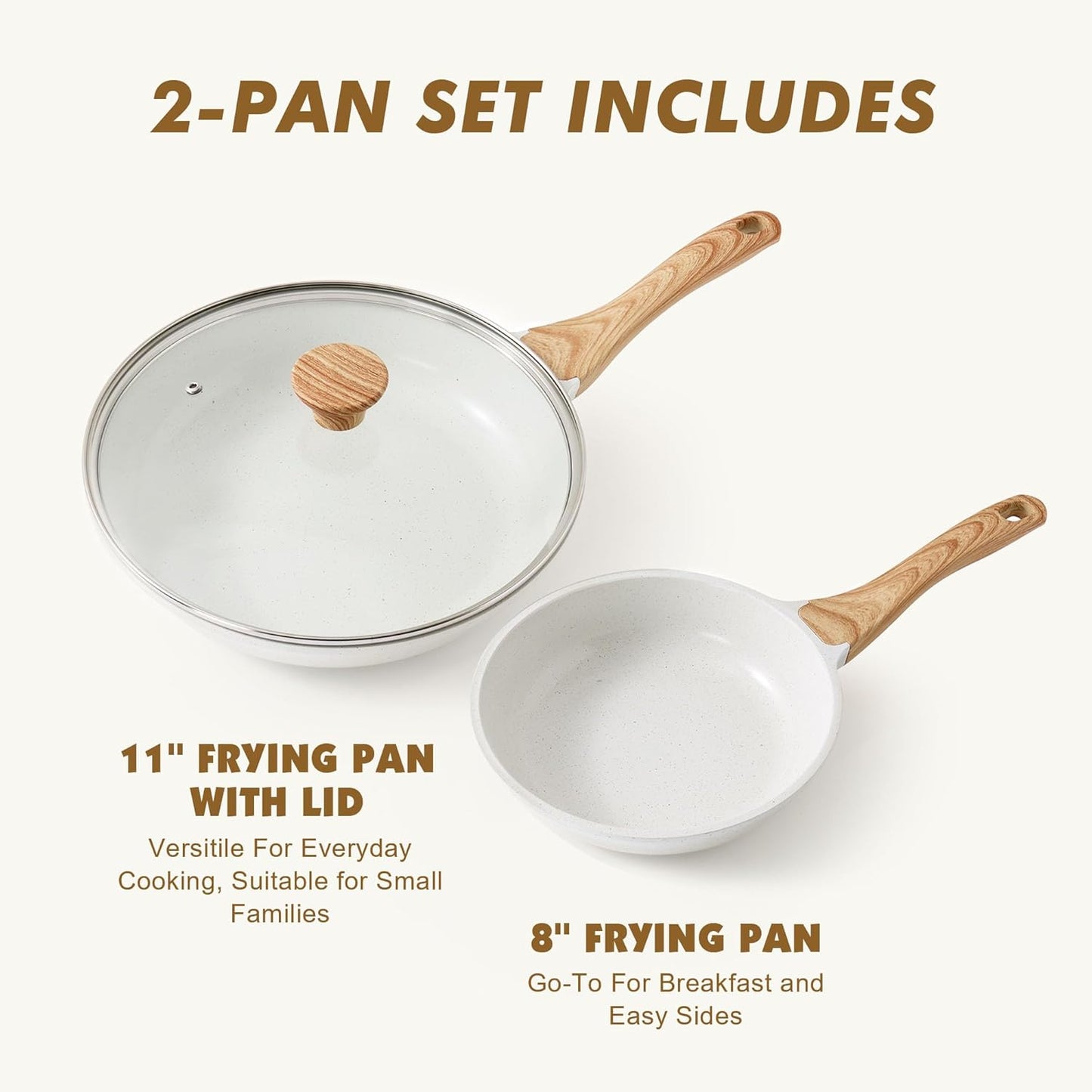 SENSARTE Nonstick Frying Pan Skillets, White Ceramic Coating Omelette Pans, Healthy Cookware Chef's Pan, Free of Intentionally Added PTFE & PFAS (8+11Inch with Lid)