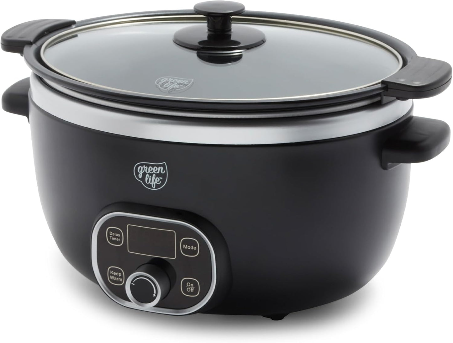 GreenLife 6QT Slow Cooker, Non-Toxic PFAS-Free Ceramic Nonstick Removable Interior Bowl, Programmable, Family Friendly, Keep Warm, Stovetop & Oven Safe, Dishwasher Safe Parts, Timer, Glass Lid, Black