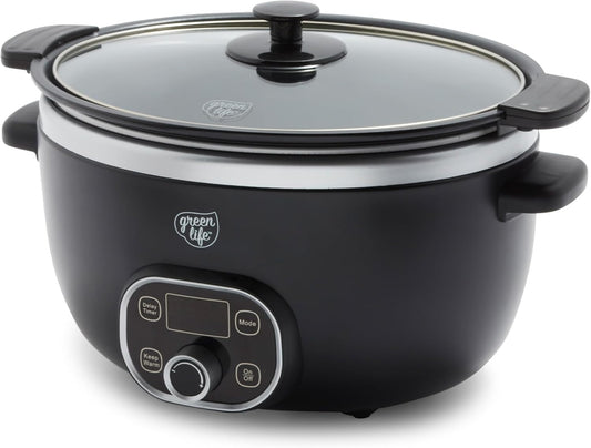 GreenLife 6QT Slow Cooker, Non-Toxic PFAS-Free Ceramic Nonstick Removable Interior Bowl, Programmable, Family Friendly, Keep Warm, Stovetop & Oven Safe, Dishwasher Safe Parts, Timer, Glass Lid, Black