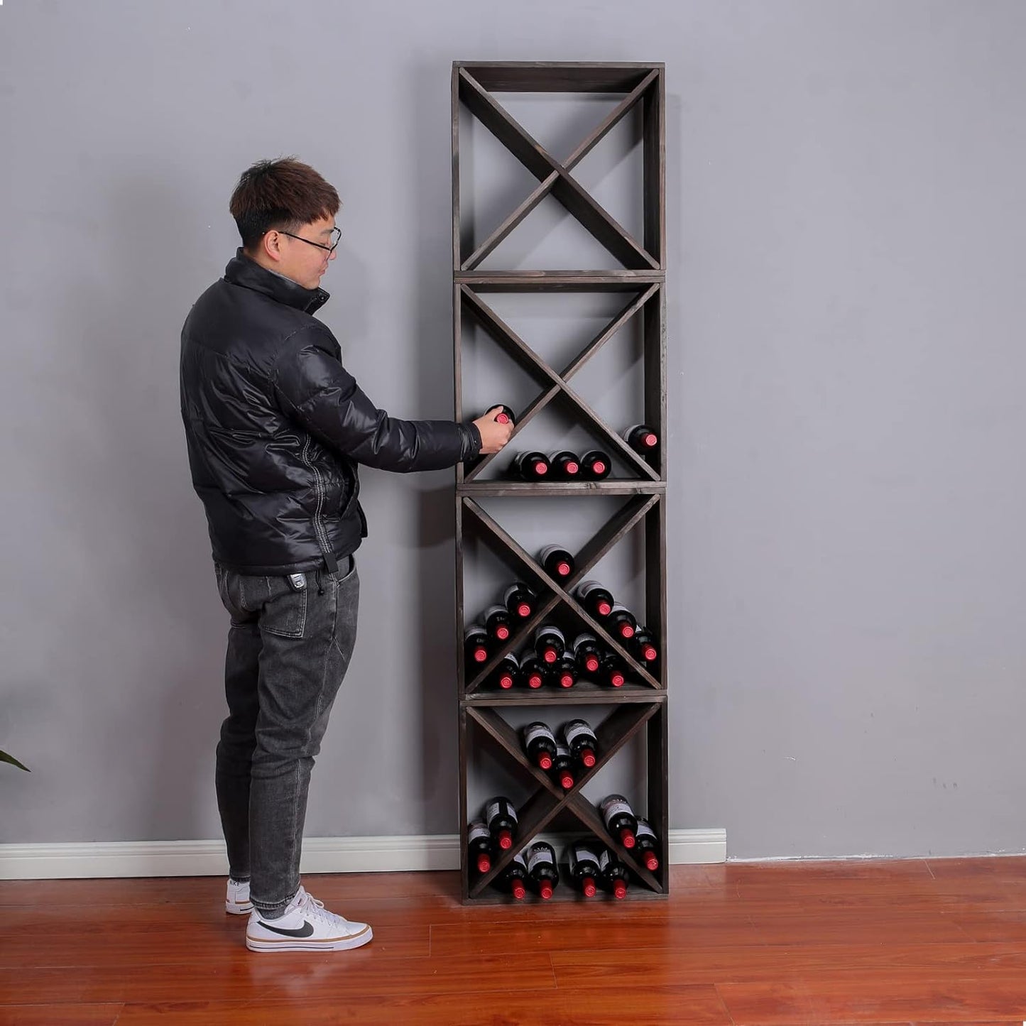 Wine Rack Cabinet countertop Wooden Stackable Storage Retro Cube freestanding Floor Wine Bottle Holder Stand(96BottleBlack)
