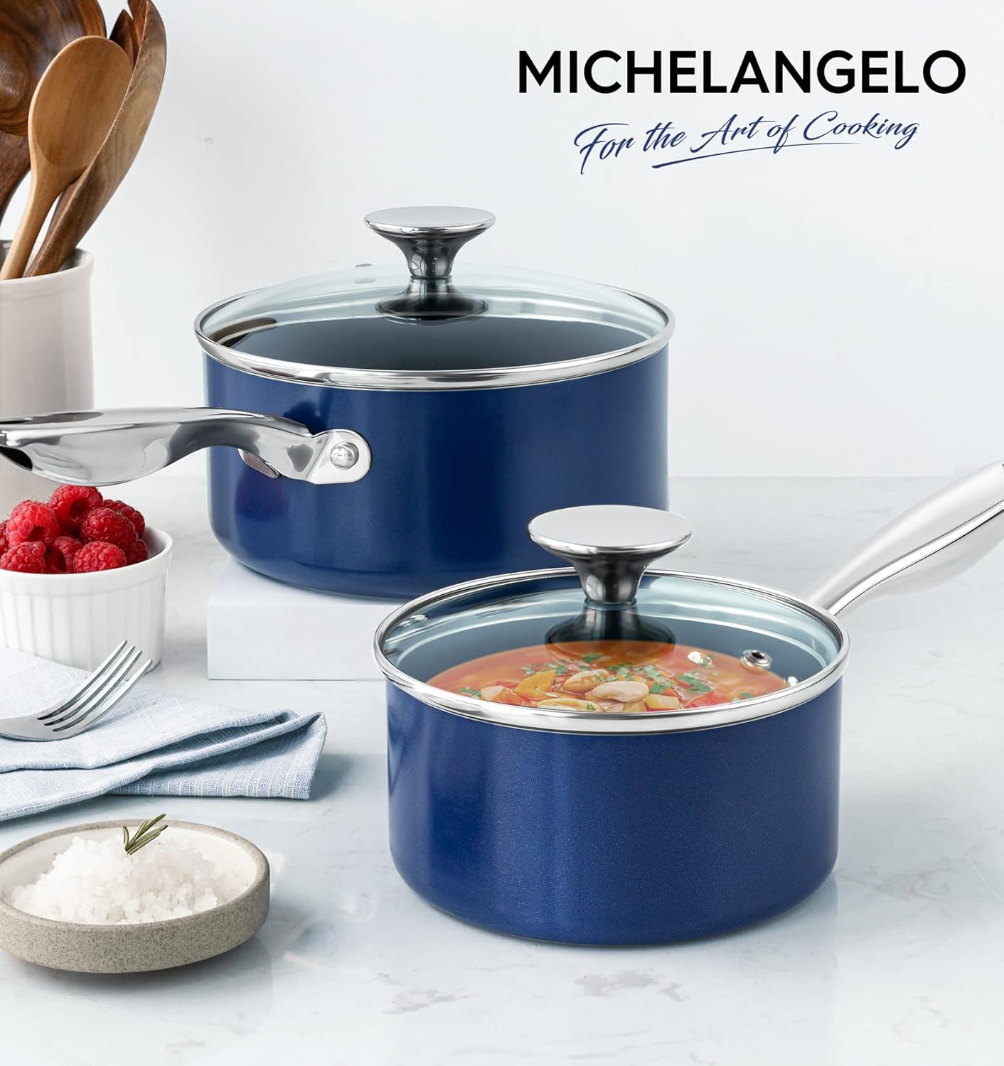 MICHELANGELO Saucepan Set, 1Qt & 2Qt Ceramic Sauce Pan with Lid, Nonstick Saucepans with Lids, Small Pot with Stainless Steel Handle, Oven Safe, Blue