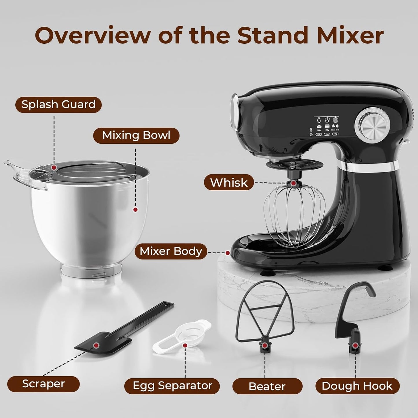 Stand Mixer With 12 Speed,5.3 Quart Electric Mixer With Tilt Head, Kitchen Mixer for Daily Use with Egg Whisk,Dough Hook,Flat Beater,BLACK
