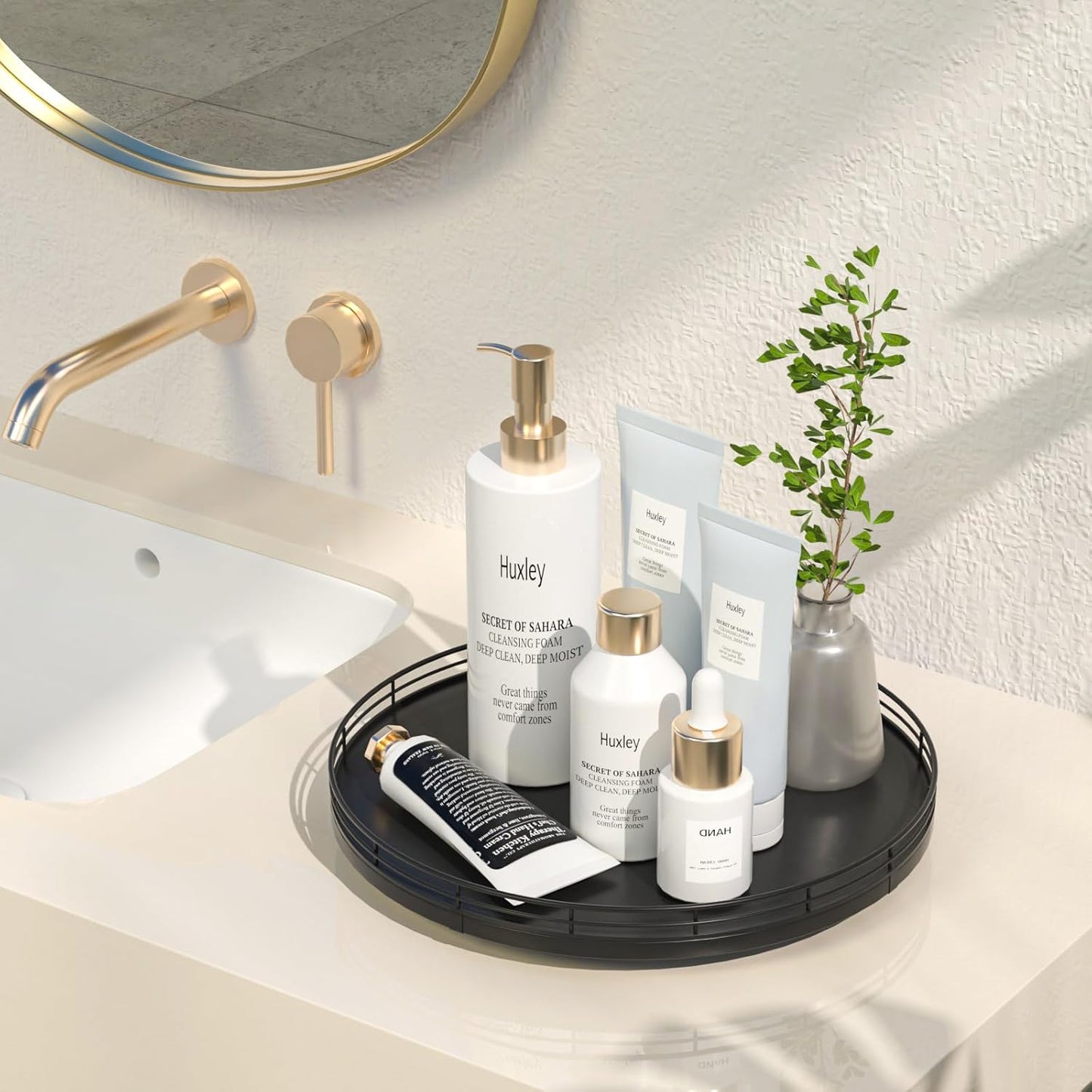 12" Oak Wood Bathroom Tray for Counter, Vanity Tray for Perfume Lotion Candle Makeup Jewelry Sink Soap Holder Turntable Dresser Organizer Countertop Coffee Table Decor Organization and Storage Black