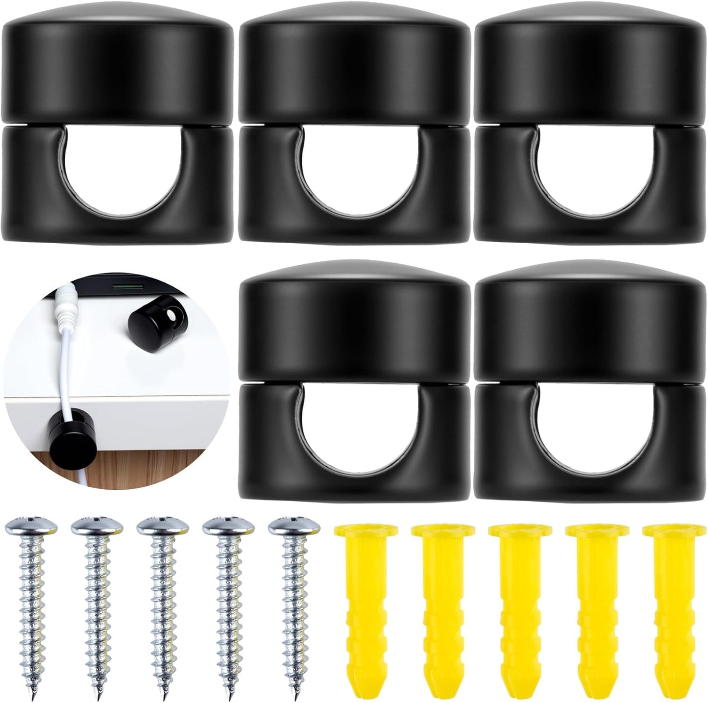 5 Sets Charger Holders for Cords, Matte Black Color Adjustable Cable Anchor Holders, Adhesive Metal Cord Clips, Cable Management Wire Organizers for Desk, Office, Nightstand