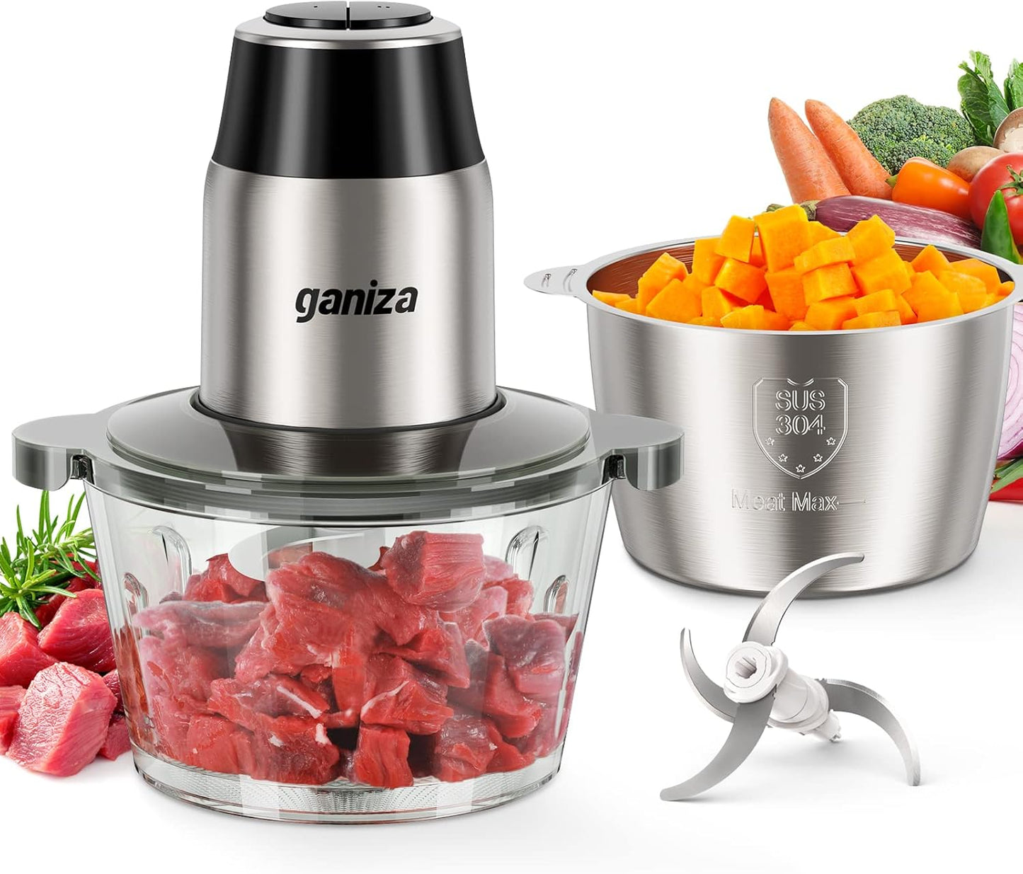 GANIZA Food Processors, Electric Food Chopper with Meat Grinder & Vegetable Chopper - 2 Bowls (8 Cup+8 Cup) with Powerful 450W Copper Motor - Includes 2 Sets of Bi-Level Blades for Fruits/Meat/Nuts