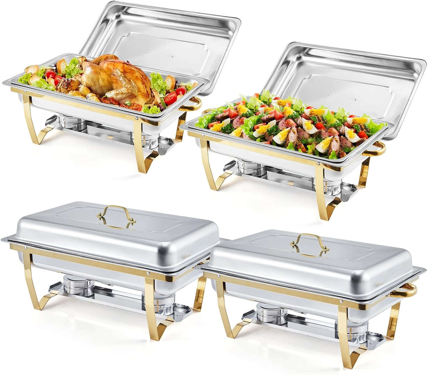 GarveeHome 4 Pack Chafing Dishes for Buffet, 8 Qt Stainless Steel Chafers and Warmers Sets with Lid, Rectangle Serving Food Warmer Catering Supplies Buffet Display for Party, Gold