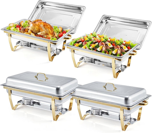 GarveeHome 4 Pack Chafing Dishes for Buffet, 8 Qt Stainless Steel Chafers and Warmers Sets with Lid, Rectangle Serving Food Warmer Catering Supplies Buffet Display for Party, Gold