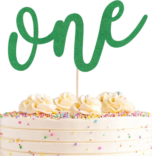 First Birthday Cake Topper - Green Glitter One Cake Decorating Supplies for Girls and Boys, Perfect for Baby Shower/Gender Revealing Party/Baby Party Photo Booth Props