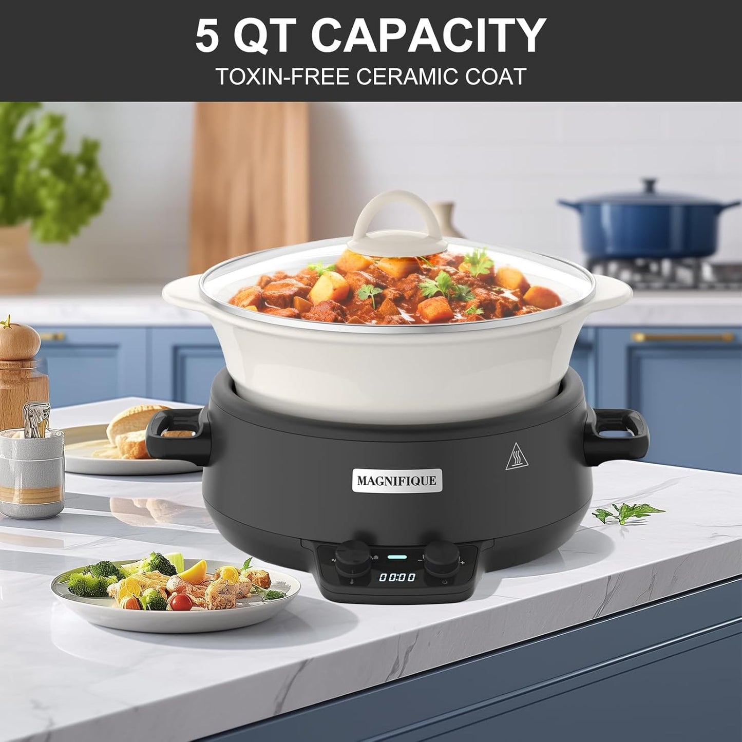 MAGNIFIQUE 5 Quart Programmable Slow Cooker with Auto Warm Setting, Glazed Ceramic Liner, Kitchen Small Appliance for Family Dinners, Black