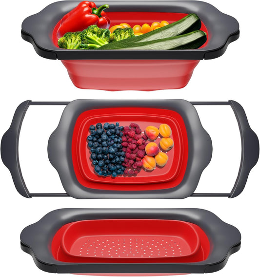 XL Large Kitchen Strainer by Comfify - Collapsible Silicone Over-The-Sink Colander with Extendable Handles - Use with Pasta, Fruit, Berries & Veggie - 6 Quart - Red