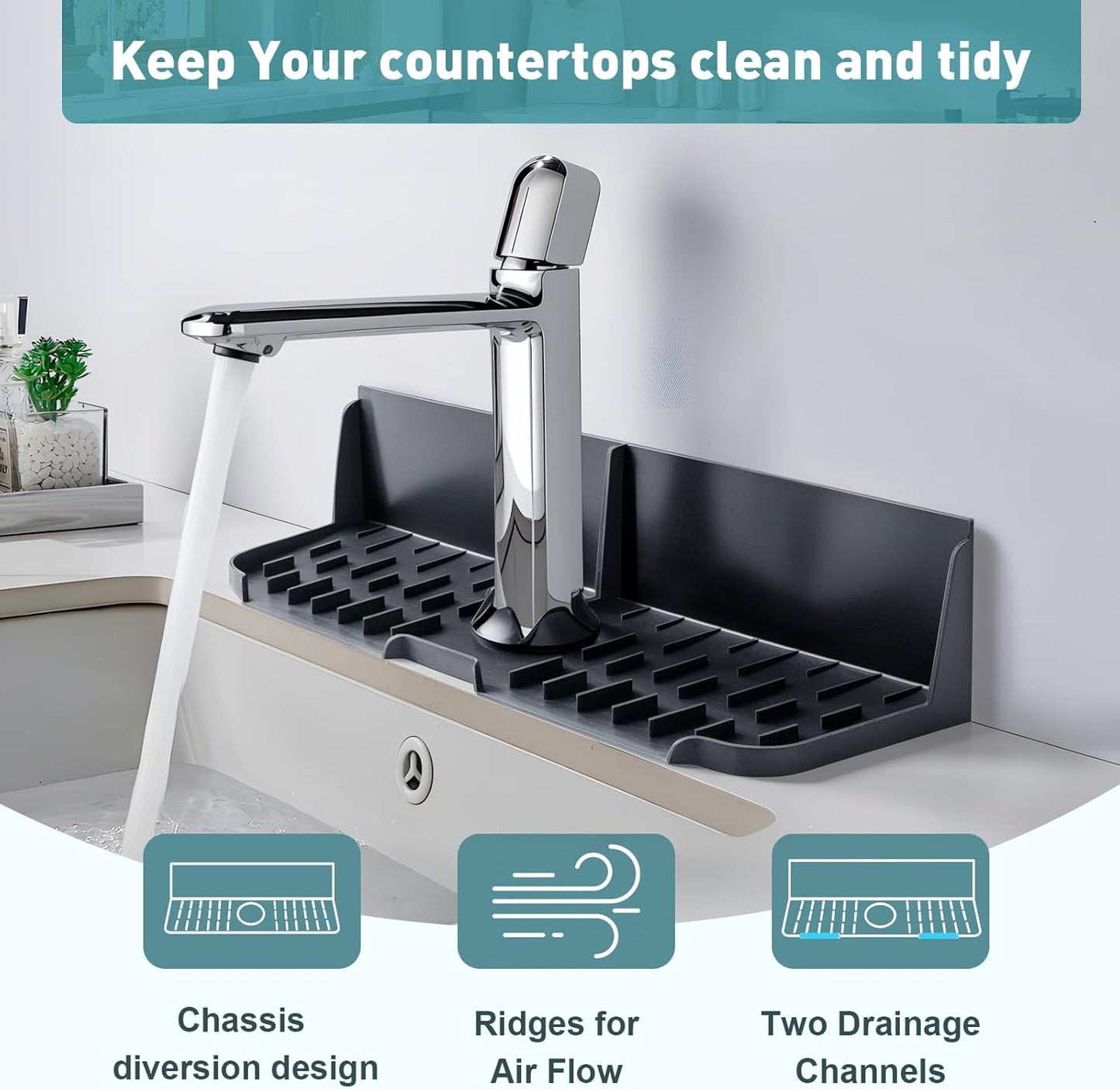 Silicone Kitchen Sink auto Drain Organizer, Kitchen countertop and Sink Splash Guard.Kitchen Sponge Rack and organizing Shelf，Suitable for Cleaning Tools, dispensers, Bottles, Cups (Black)