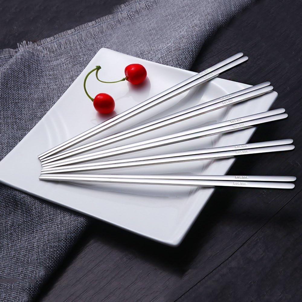 Buyer Star 5 Pairs Silver Flat Chopsticks - Reusable Metal Stainless Steel Chinese Chopsticks Set with Case