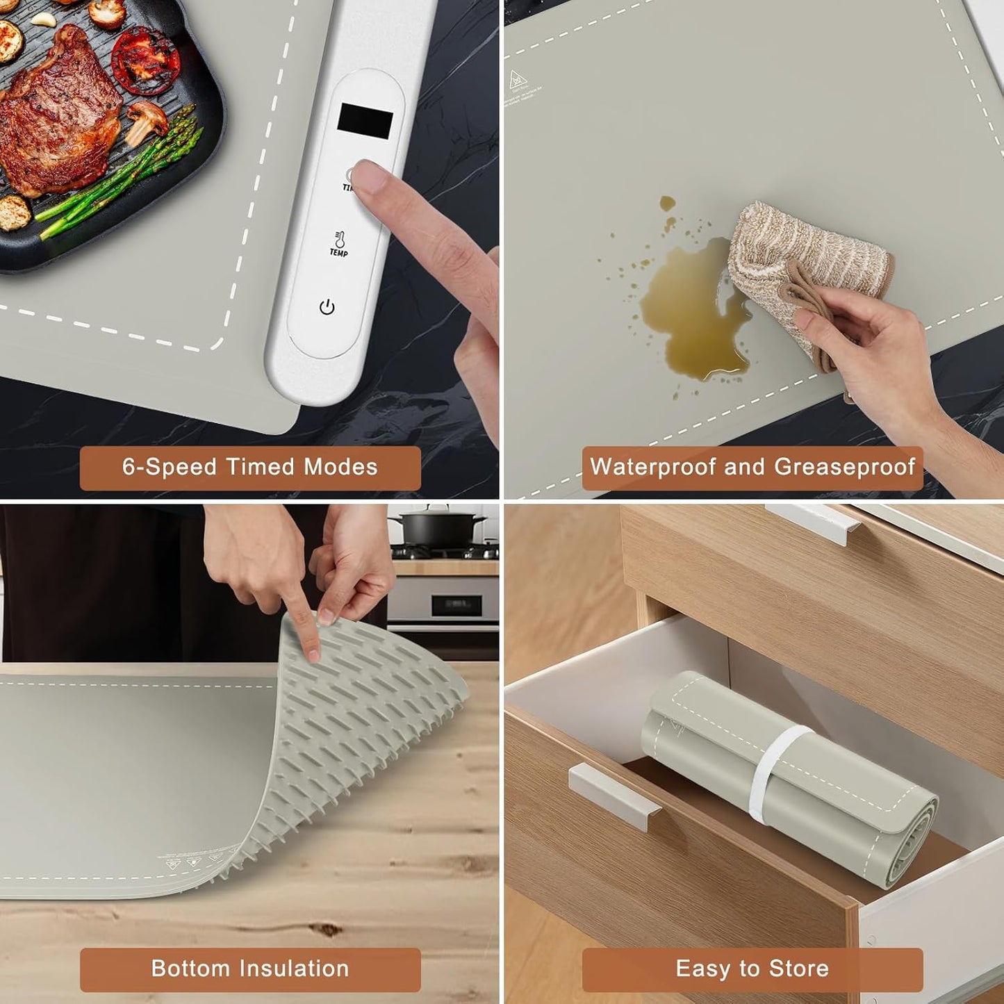 FYY Extra Large Food Warming Mat - Electric Warming Tray with 6 Temperature Settings and 6 Hours Timer, Full Surface Heating Food Warmer, Premium Silicone Heating Tray for Gatherings, Parties, Khaki