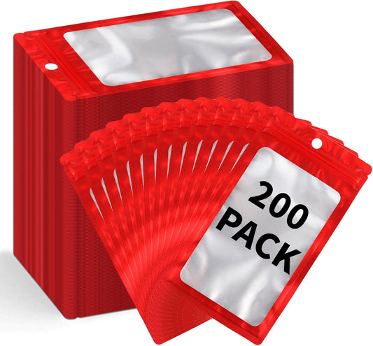 200 Pack Resealable Mylar Holographic Bags Food Storage Smell Proof Bags with Front Window Foil Packaging Pouch for Candy Sample Jewelry Small Business 4.72×7.87 Inch, Red