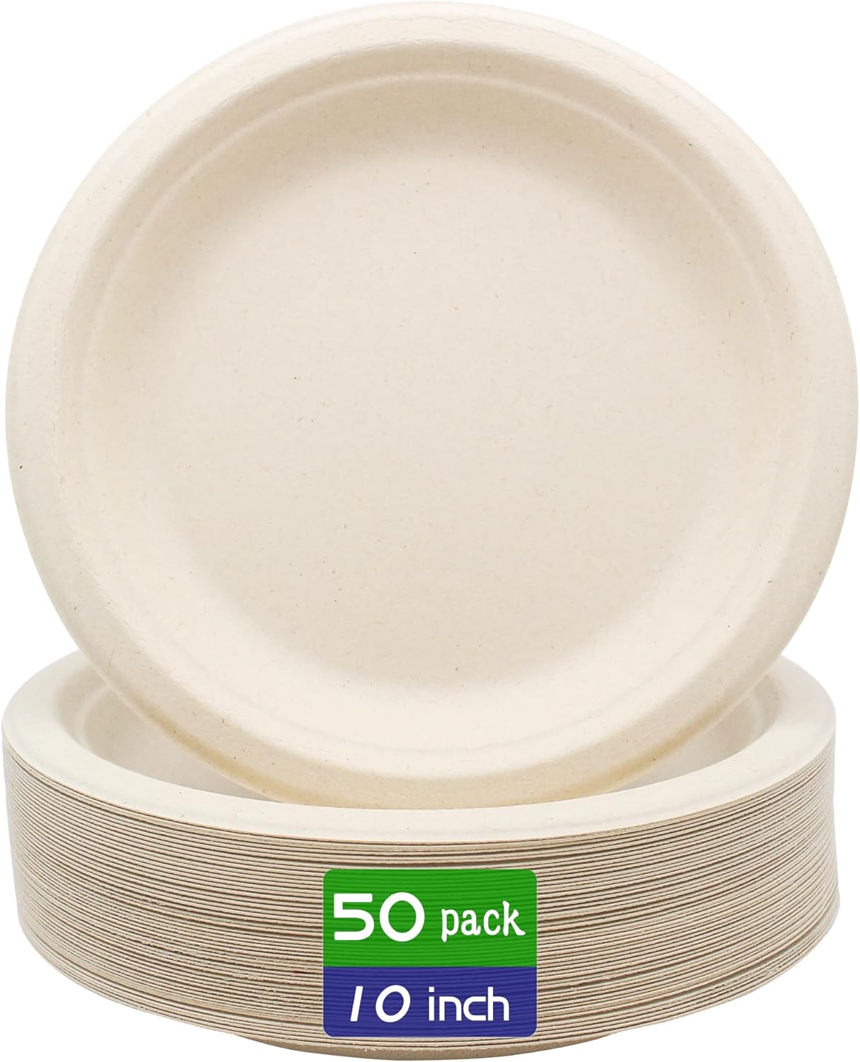 BLUE TOP Compostable Disposable Paper Plates, Heavy Duty Waterproof - 50 Pack 10 inch Eco-Friendly Biodegradable Sugarcane Bagasse Dinner Plates