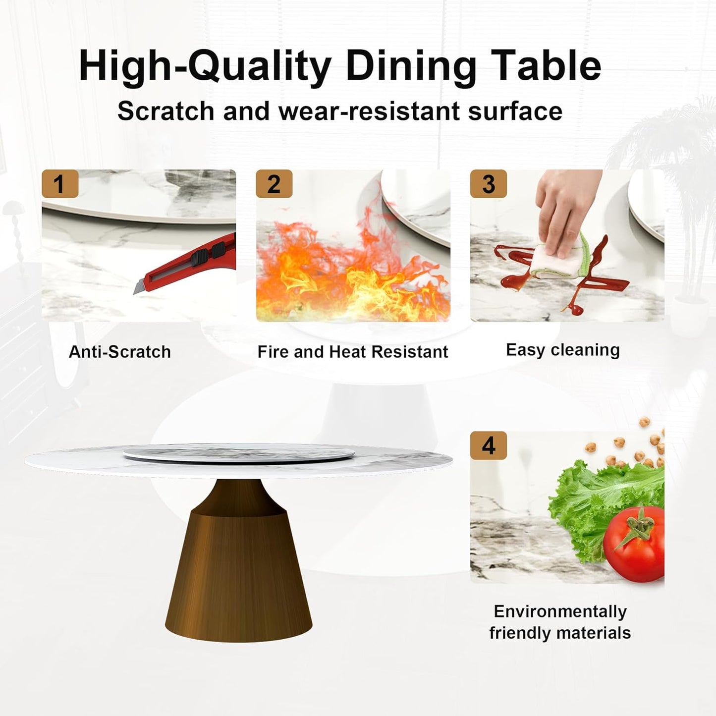 Montary 9 Piece Dining Table Chairs Set, Modern Dining Table Set of 8, Includes 59" D Marble Round Table with Bronzed Metal Cone Base, 8 Orange and Brown Dining Chairs for Home, Kitchen