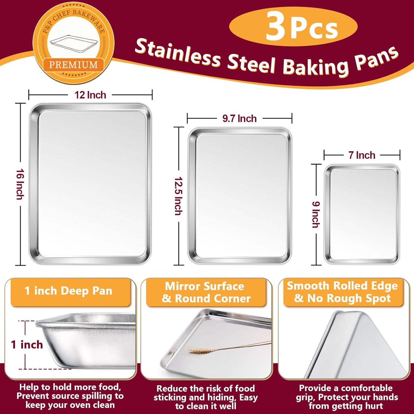P&P CHEF 16 + 12.5 + 9 Inch Baking Sheet and Rack Set, Stainless Steel Cookie Sheets Oven Baking Pans Trays with Cooling Racks for Cooking & Roasting, Oven & Dishwasher Safe, (6Pcs)