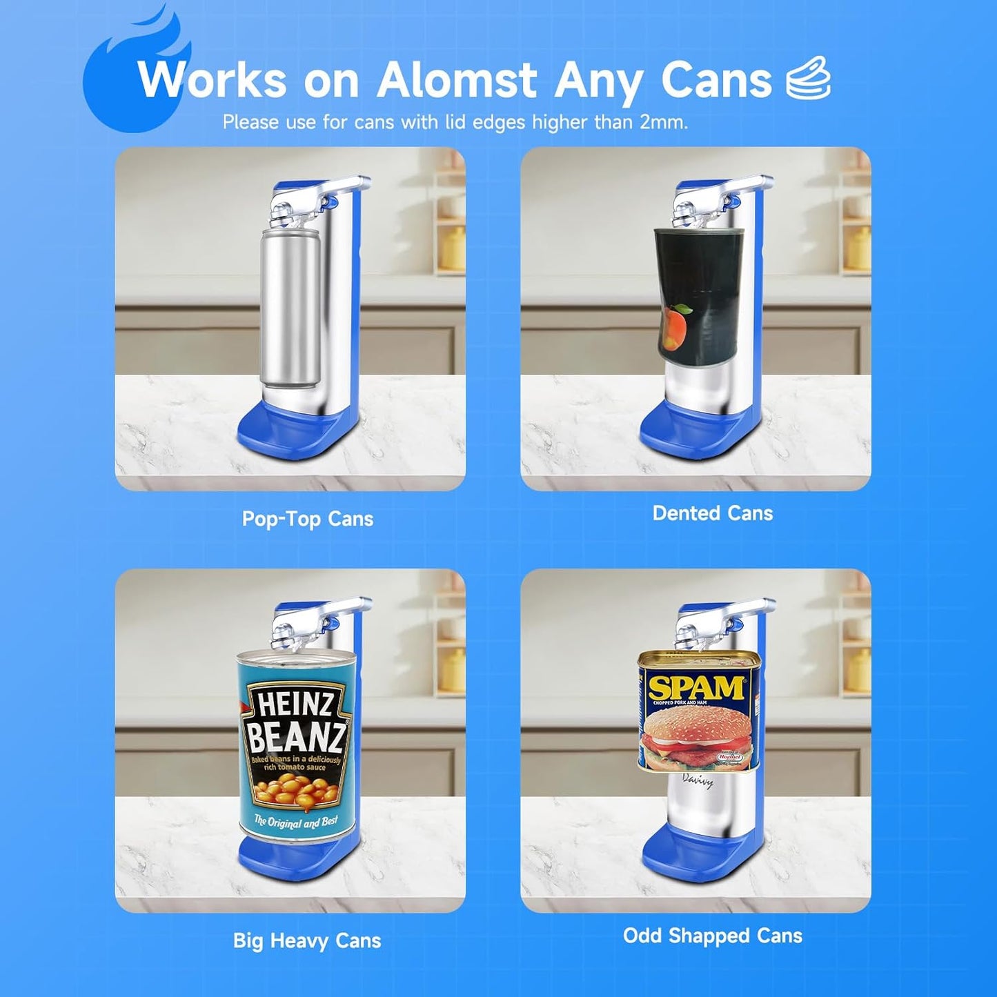 Davivy Electric Can Opener,Stainless Steel Slim Automatic Can Opener,One Touch Easy to Use for Arthritis (Silver+Royal Blue)