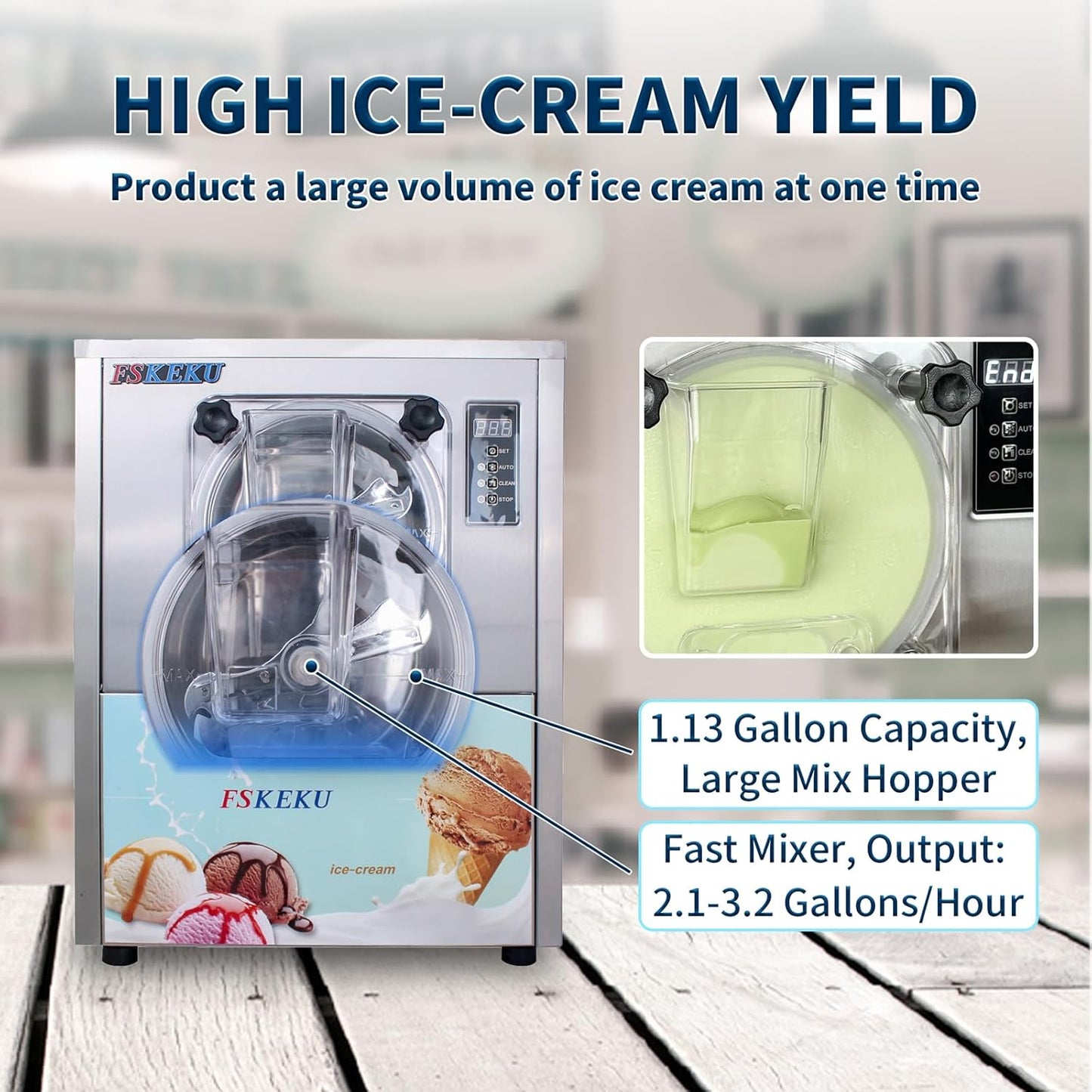 Hard Ice Cream Maker Commercial Gelato Machine 16-24L/H, 5.3 Gph Capacity Suitable for Restaurant/Bar/Home, Auto Clean LED Display Maquina De Helado 1400W