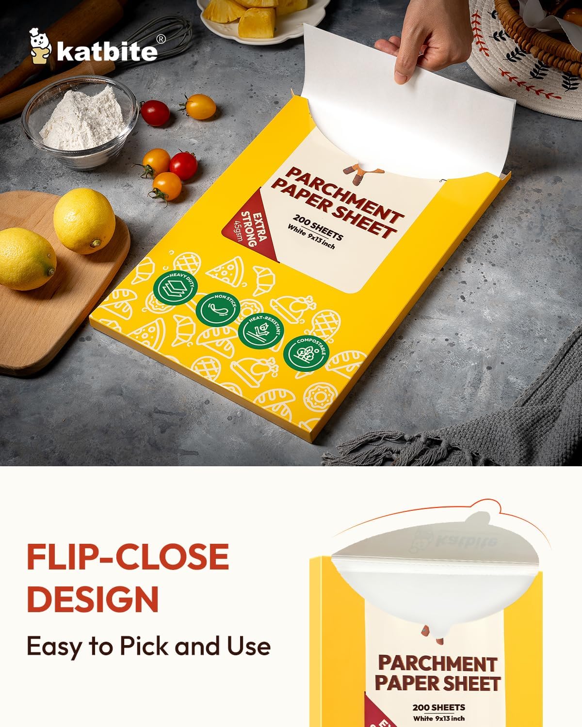 Katbite 200Pcs 9x13 inch Heavy Duty Parchment Paper Sheets, Precut Parchment Paper for Quarter Sheet Pans Liners, Baking Cookies, Bread, Meat, Pizza, Toaster Oven (9"x13")