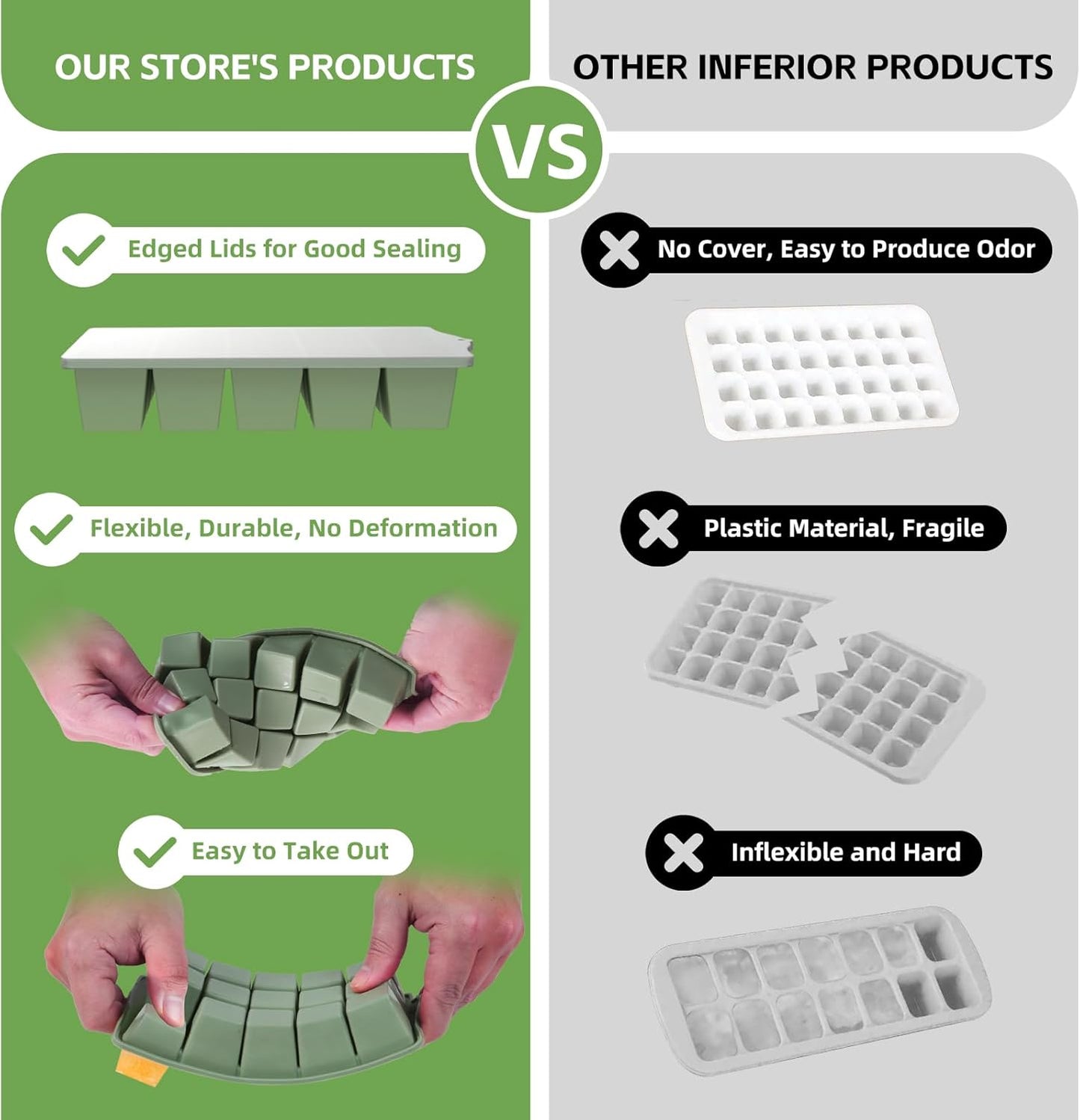 Silicone Ice Cube Tray, 2 Pack Easy-Release Stackable Ice Trays for Freezer with Lid 15 Reusable Cubes, Food Grade BPA Free Ice Molds for Whiskey, Baby Food, Coffee, Cocktail, Drinks (Green)