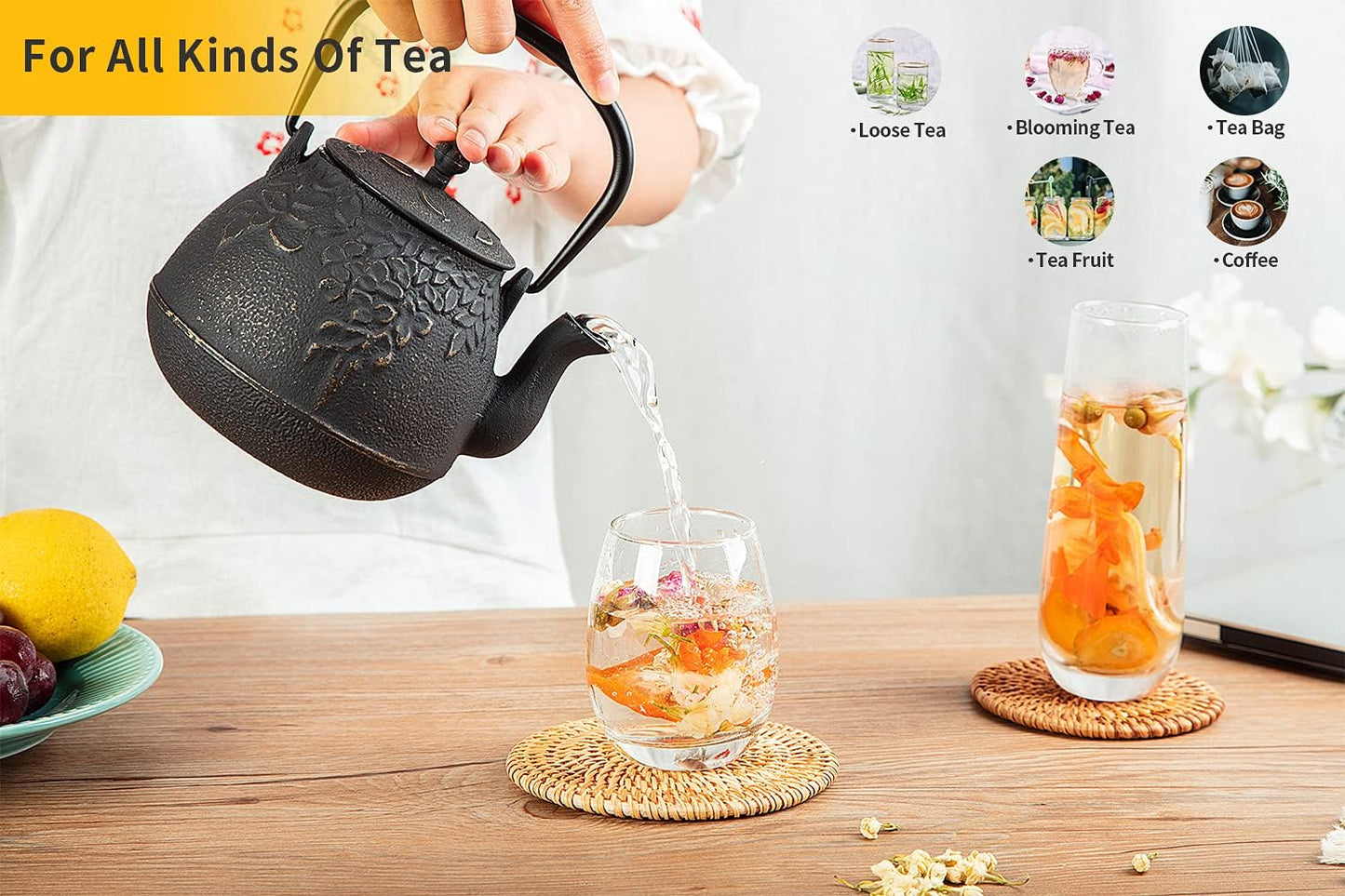 Toptier Cast Iron Tea Kettle, Stovetop Safe Japanese Cast Iron Teapot with Infuser, Leaf Design Tea Kettle for Stove Top Coated with Enameled Interior for 32 Ounce (950 ml), Warm Beige & Gray